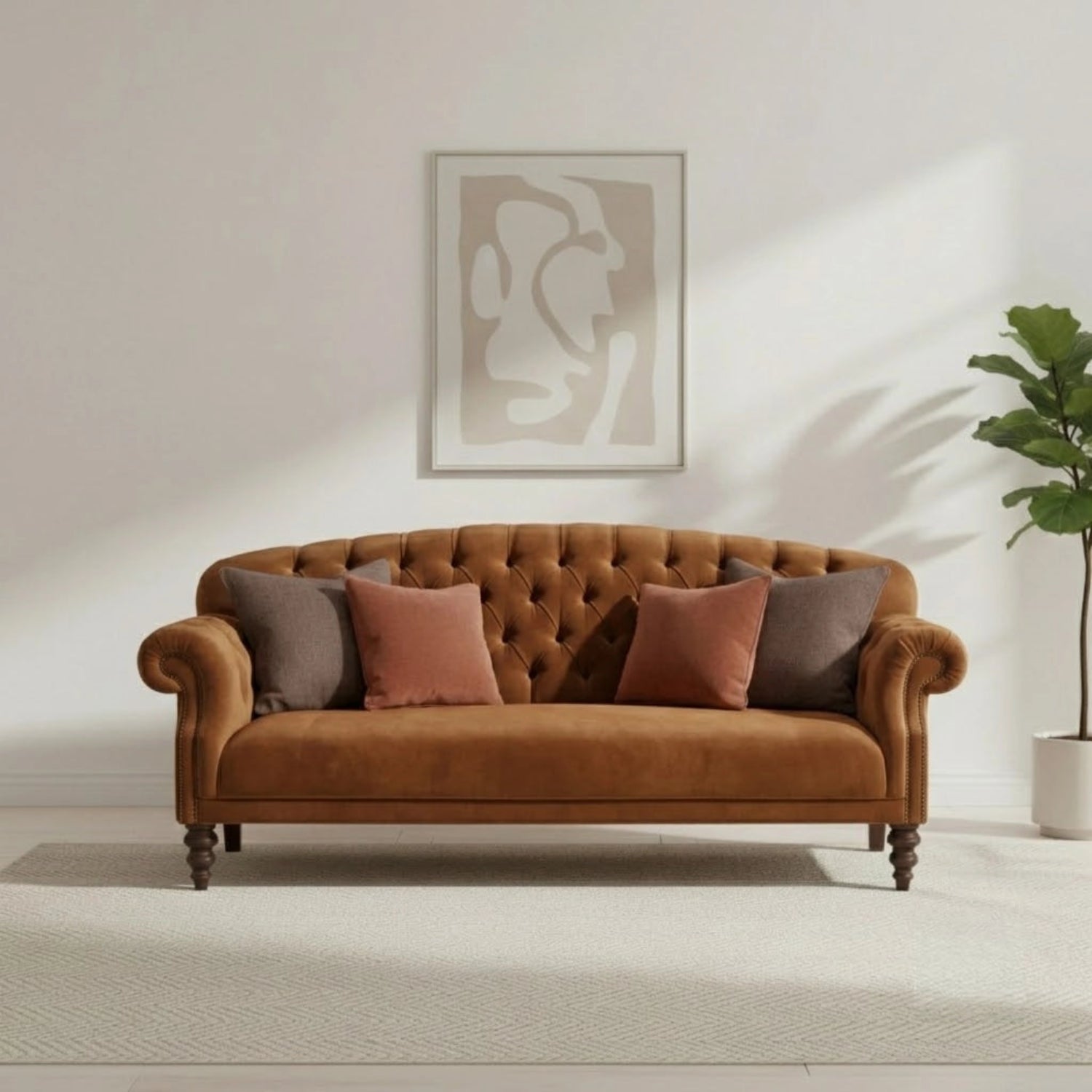 Grand sofa with scroll arms and deep buttoned back design.