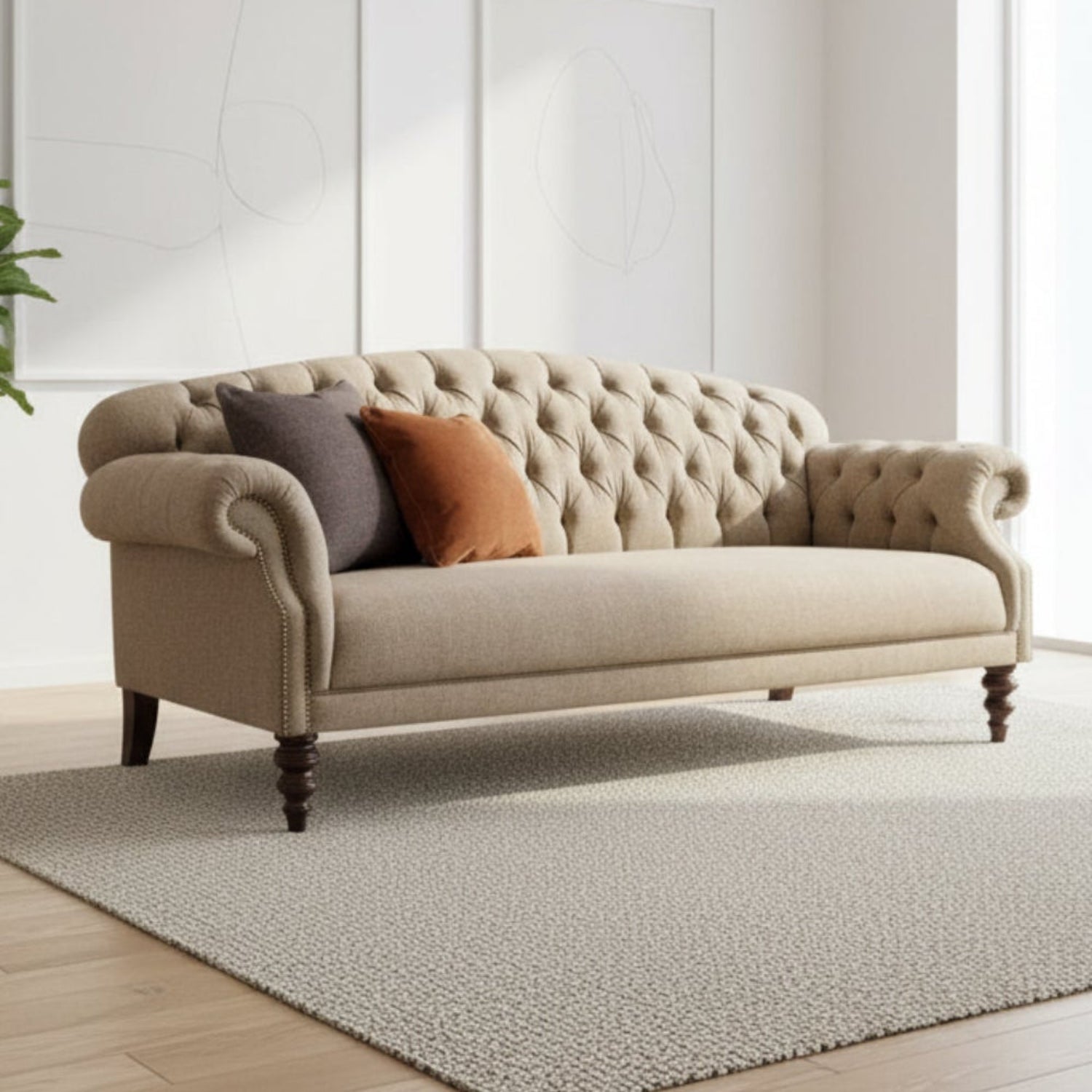 Traditional tweed sofa with elegant proportions.