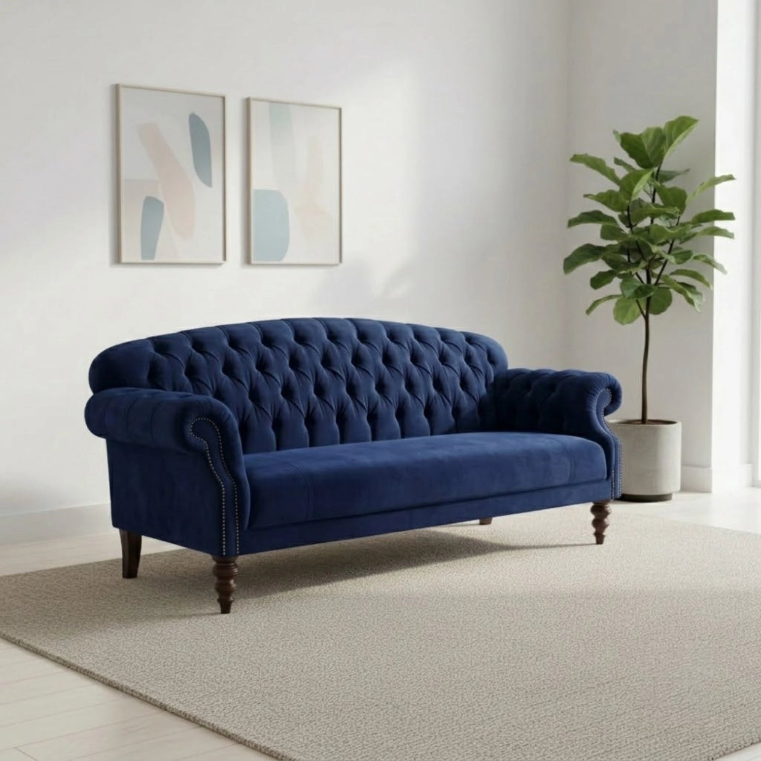Petit sofa with scroll arms and buttoned back detail.