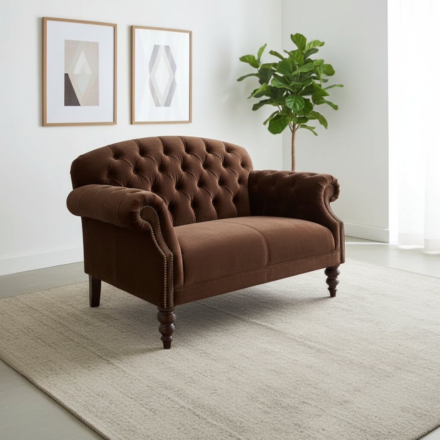 Comfortable snuggler chair with soft tweed upholstery.