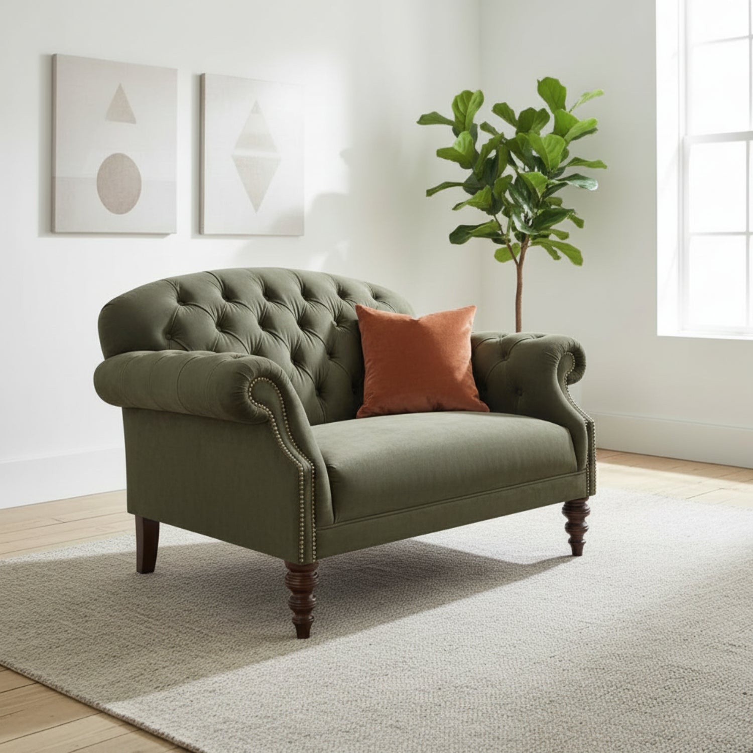 Compact two seat snuggler sofa for relaxed lounging.