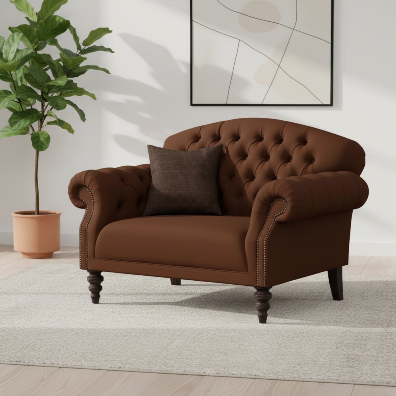 Small sofa designed for intimate seating spaces.