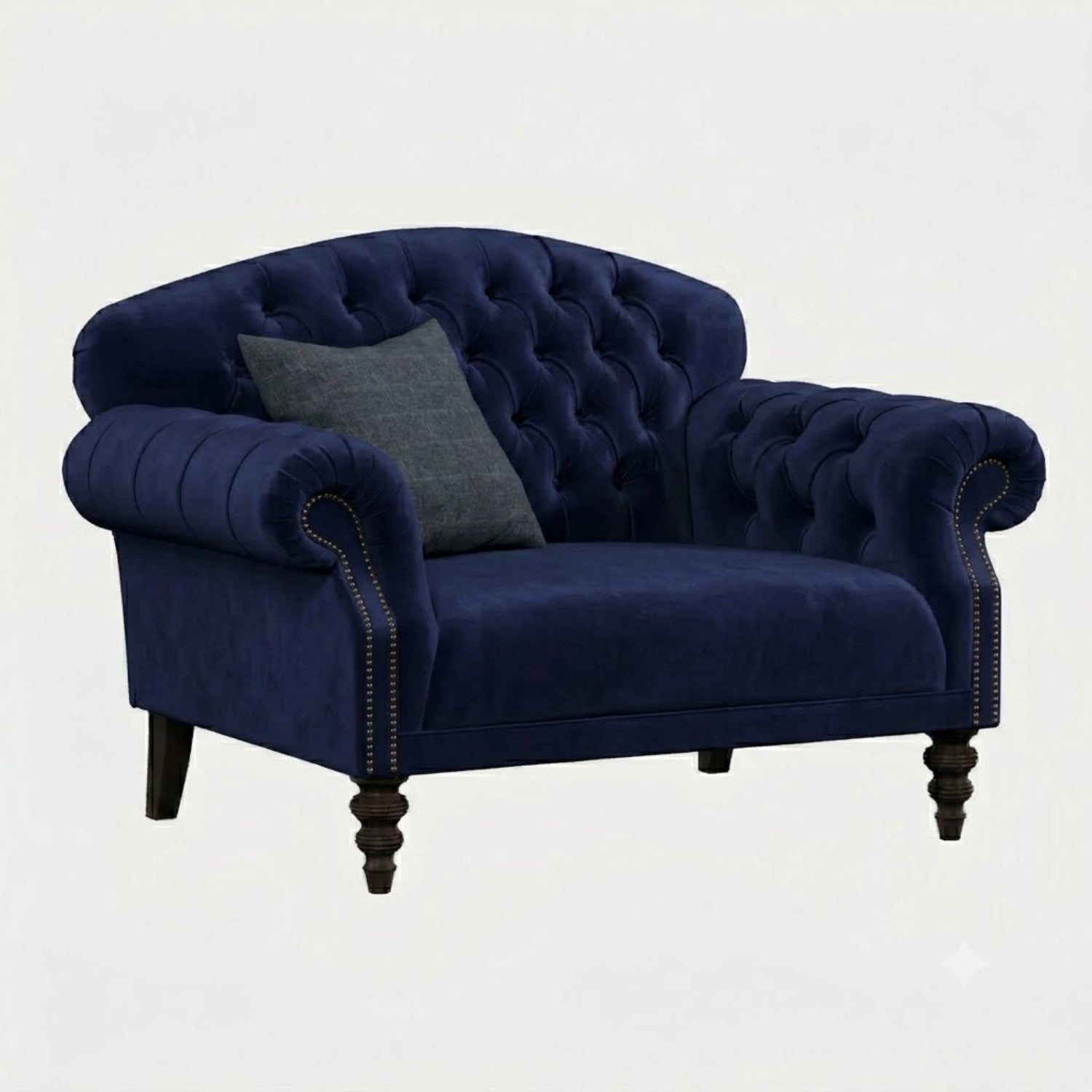 Snuggler sofa with classic scroll arms and buttoned back.