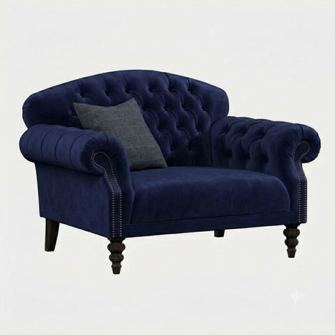 Snuggler sofa with classic scroll arms and buttoned back.