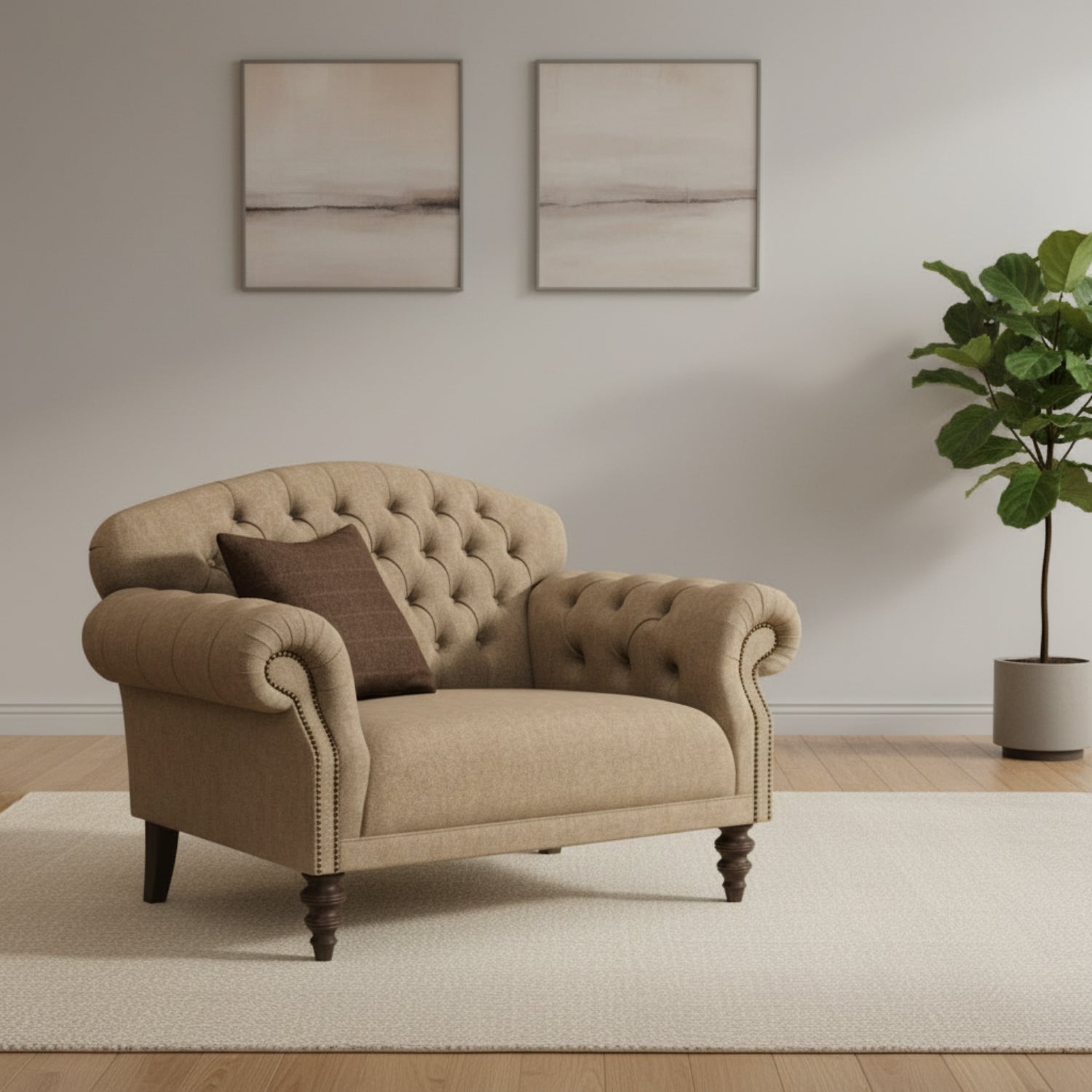 Small sofa designed for intimate seating spaces.