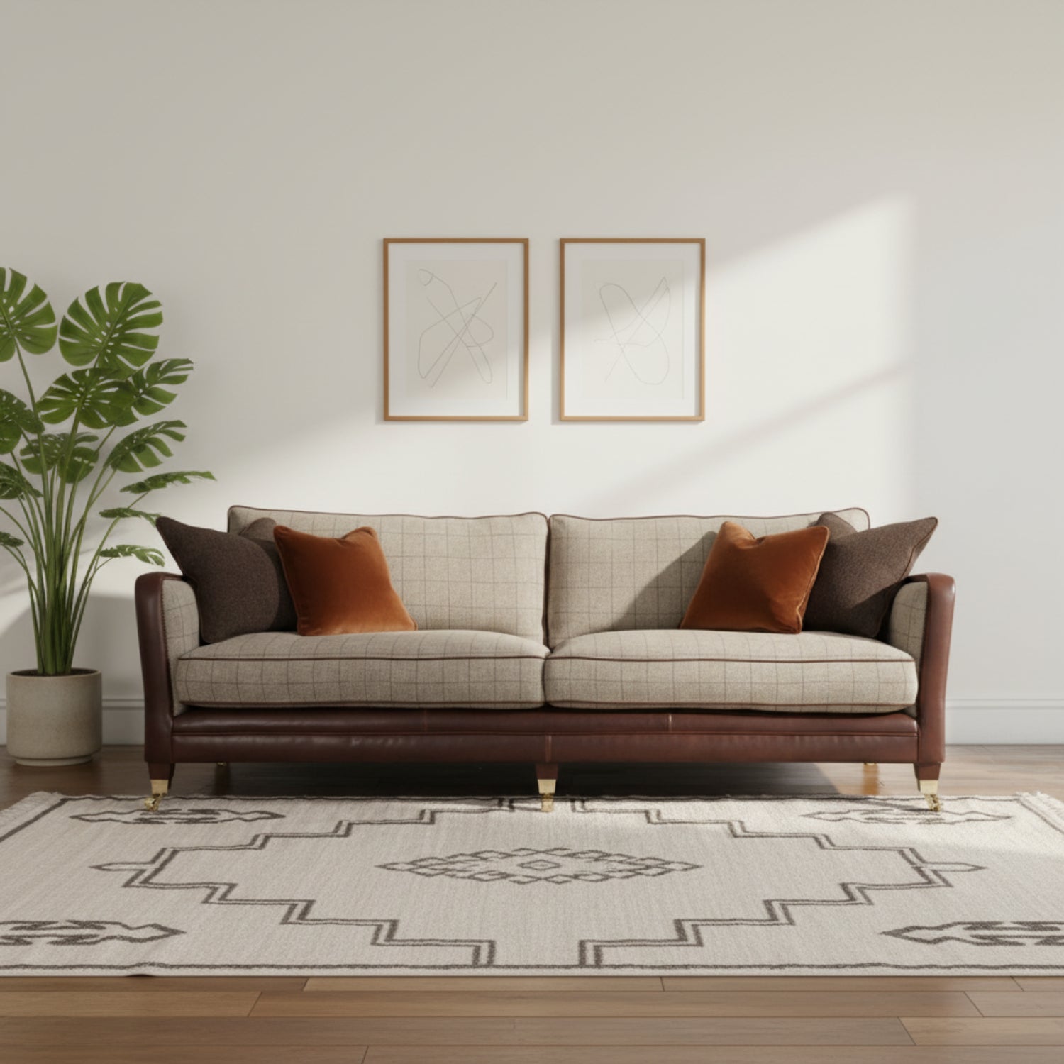 Petit sofa with fabric upholstery finial arms and brass castors.