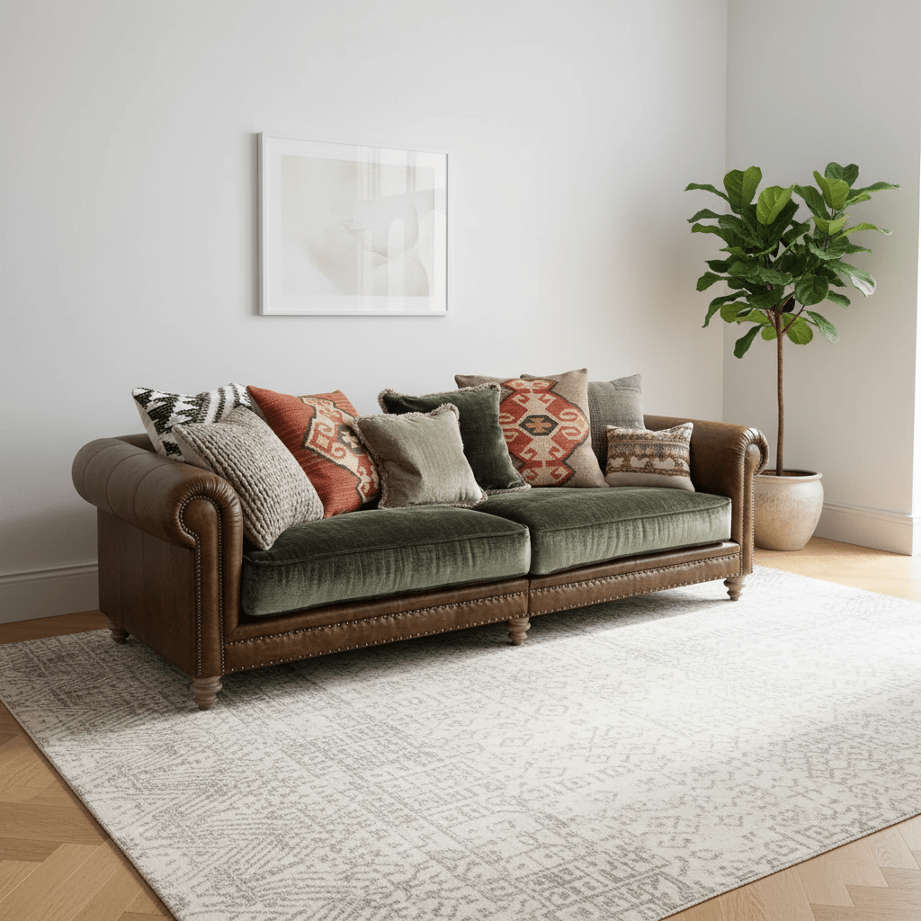 Luxury Tetrad Constable Grand Sofa with leather frame and Coco Velvet cushions. Handcrafted British Chesterfield-inspired design.