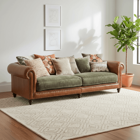 Brown and green fabric Chesterfield style sofa with leather frame and velvet cushions with patterned cushions 