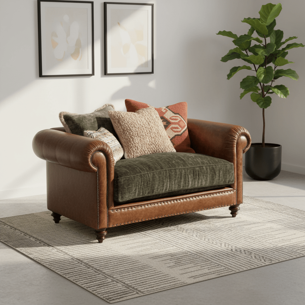 Luxury Tetrad Constable Snuggler with leather frame and Coco Velvet cushions. Handcrafted British design with Chesterfield styling.