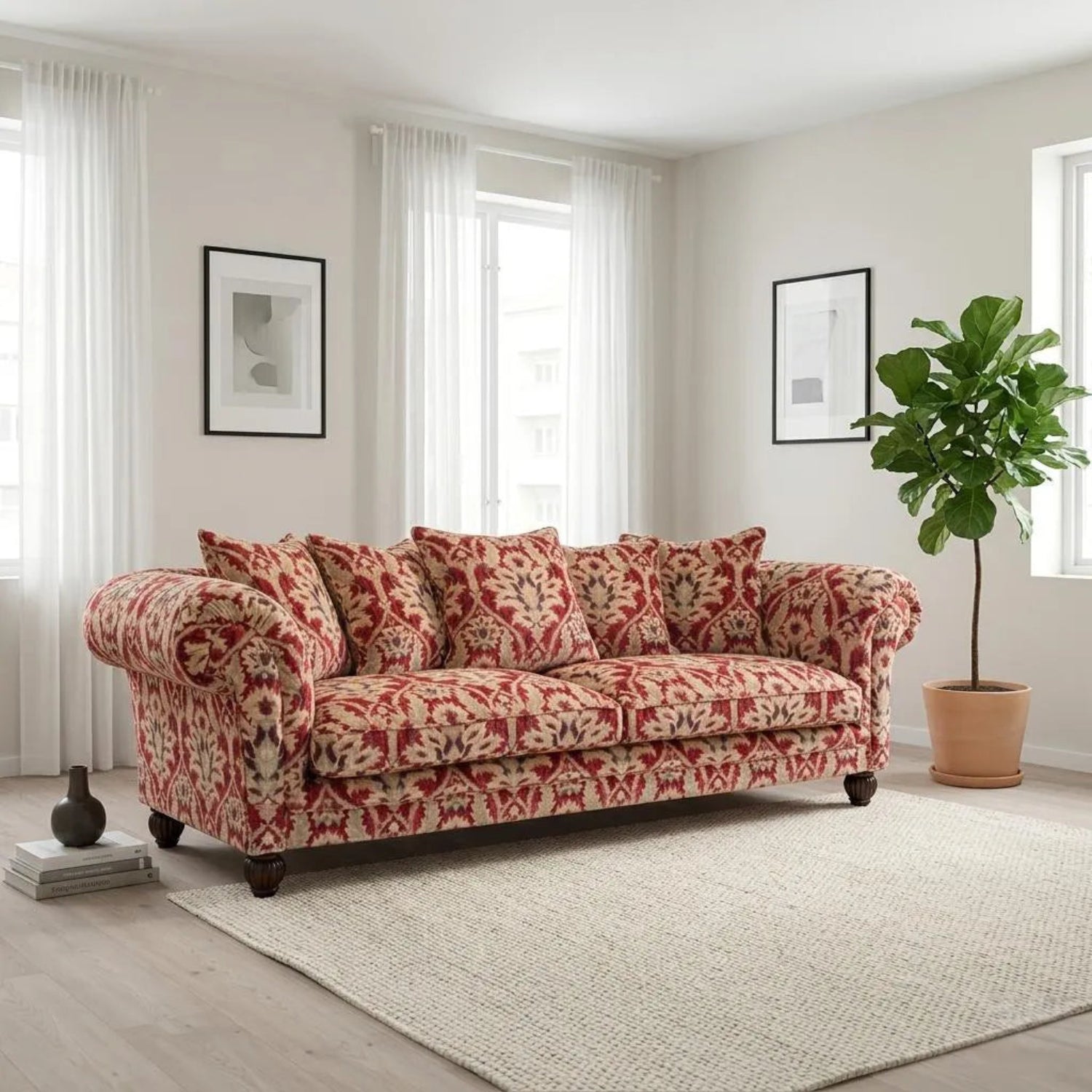 Large four-seater fabric sofa with low back and elegant detailing.