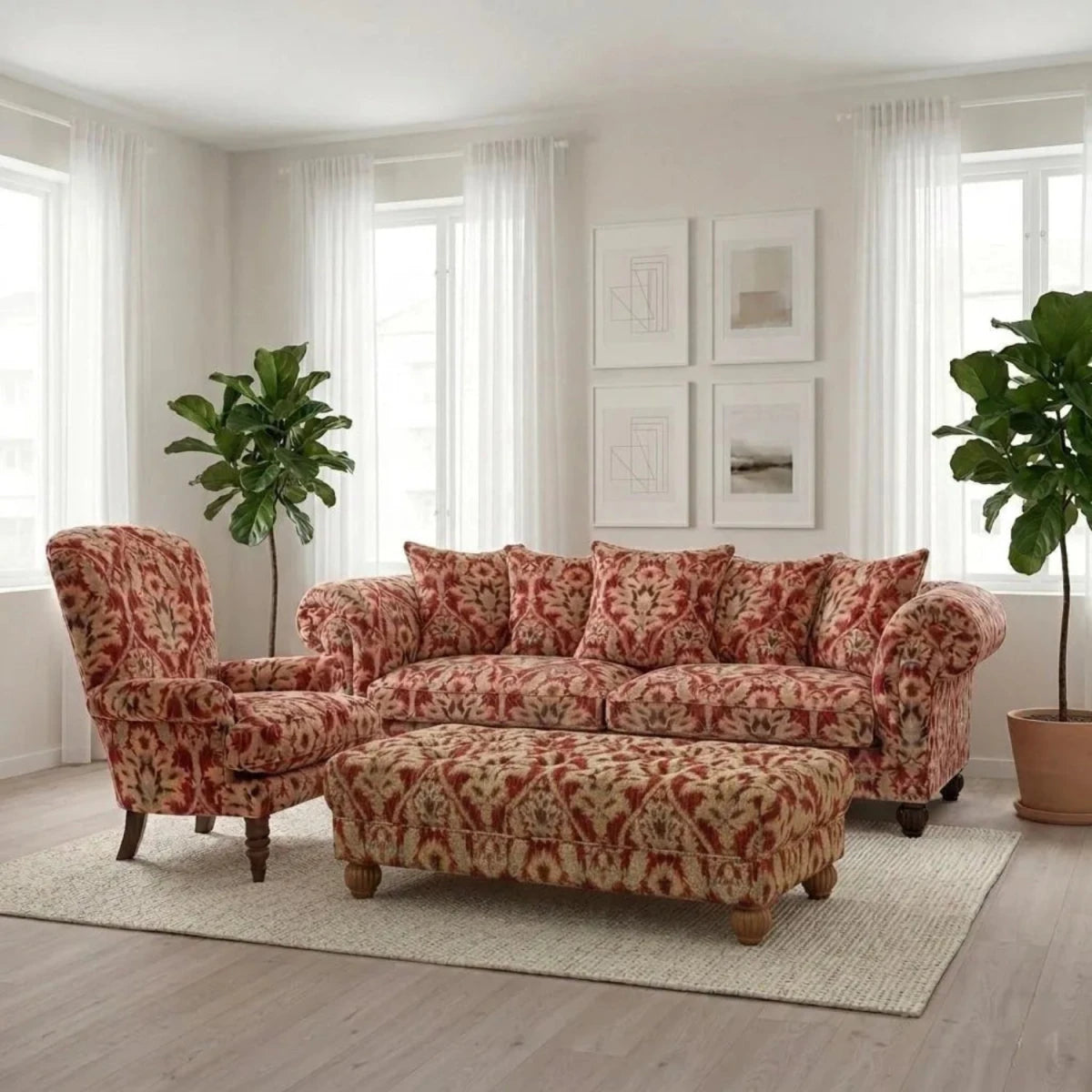 Traditional sofa set with 3 seater and chair in soft fabric.