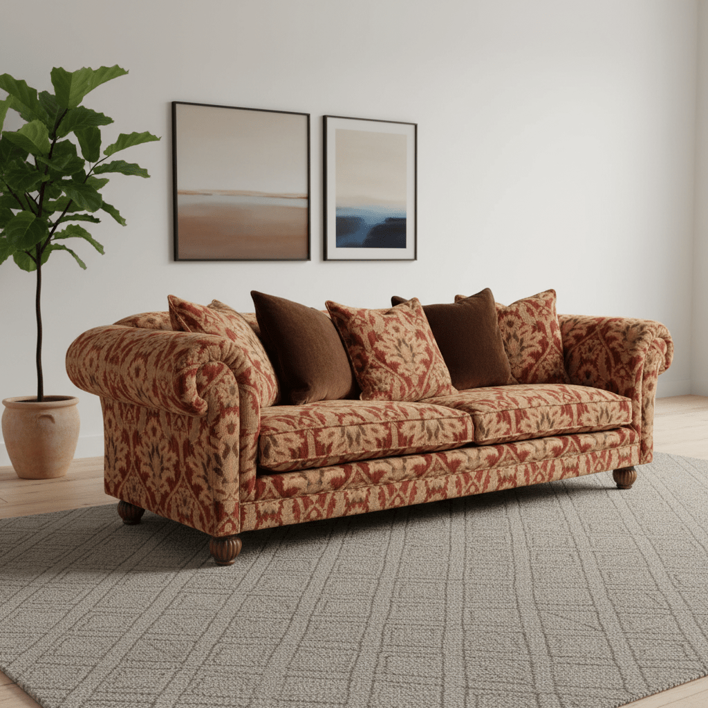 Tetrad Elgar Grand Patterned sofa with decorative pillows in a living room setting.