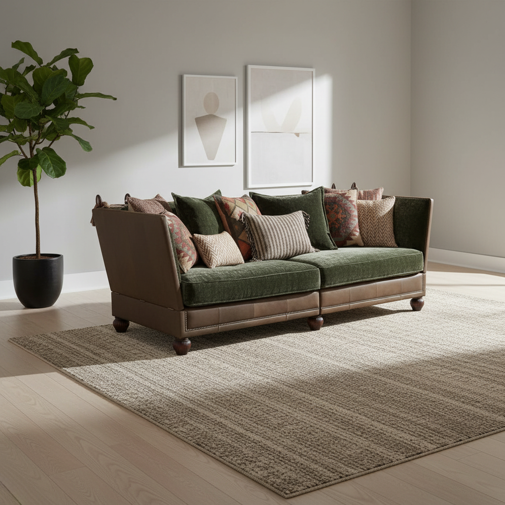 Green and brown sofa with patterned cushions in a room with a plant and framed art on the wall.