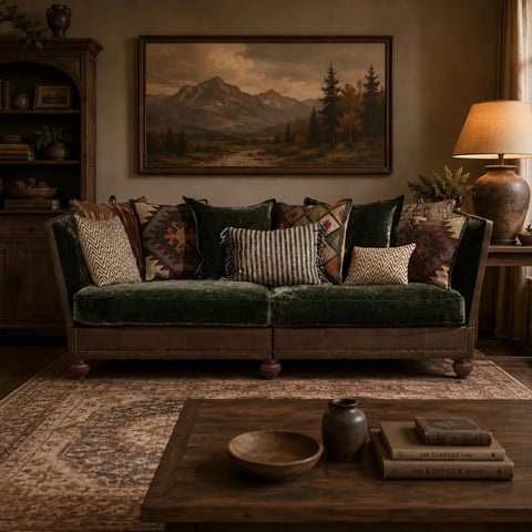 Midi sofa with velvet and leather upholstery and feather cushions.