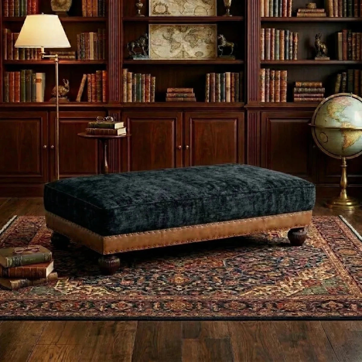 Luxury footstool with stud detailing and premium materials.