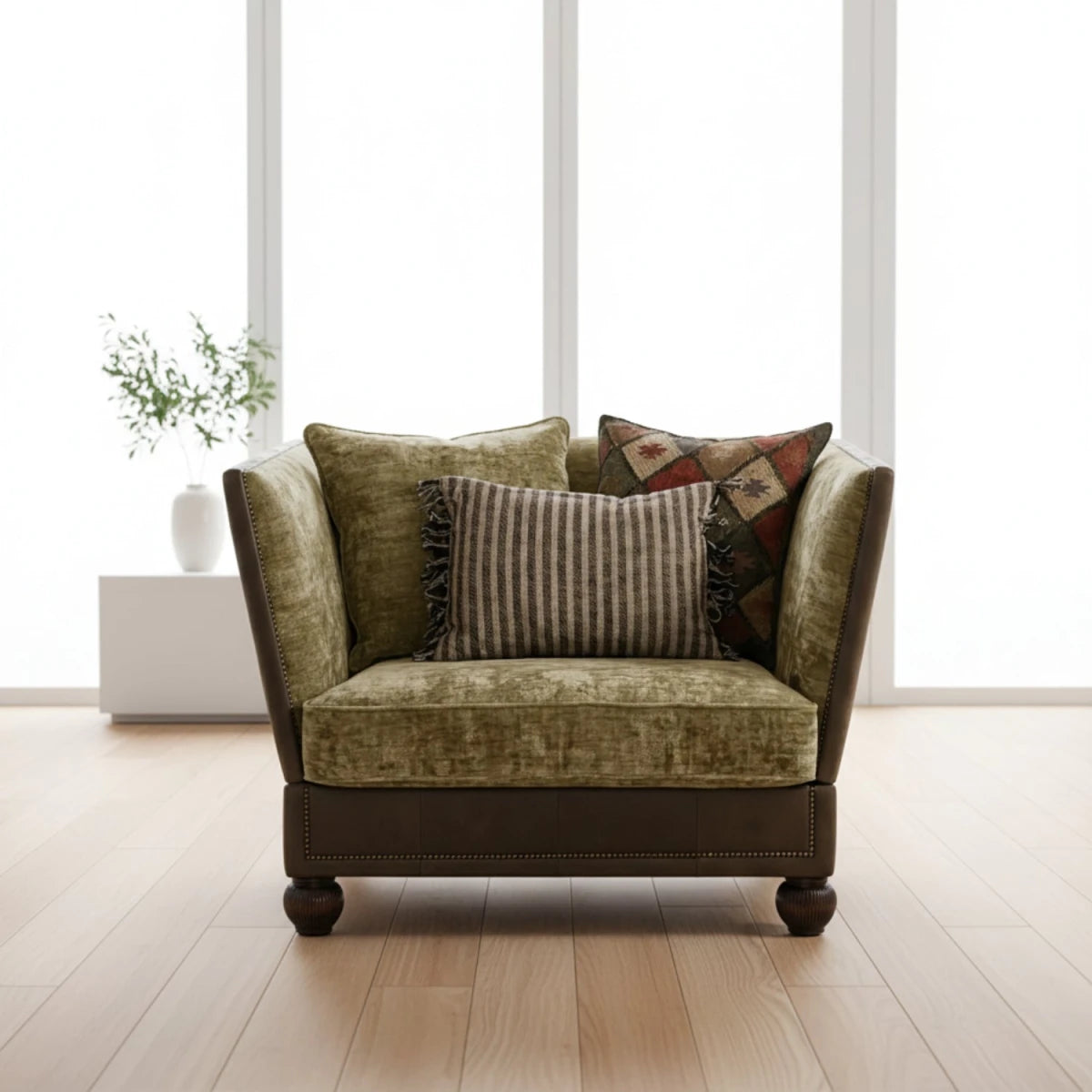 Luxury snuggle chair with heritage inspired detailing.