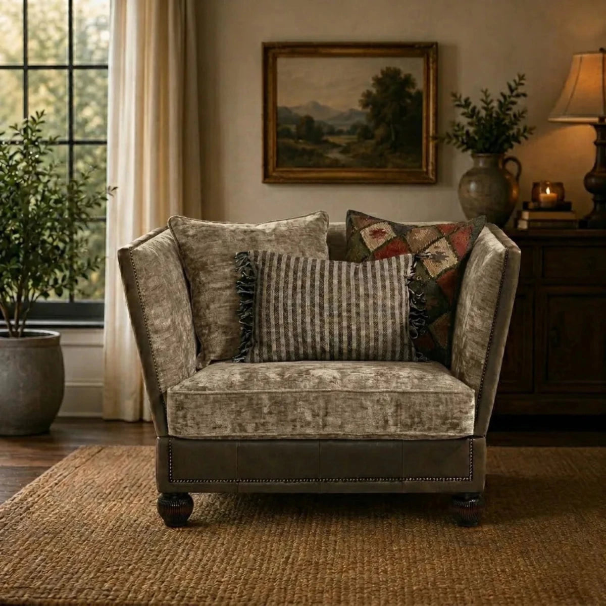 Snuggle chair with velvet and leather upholstery and feather cushions.