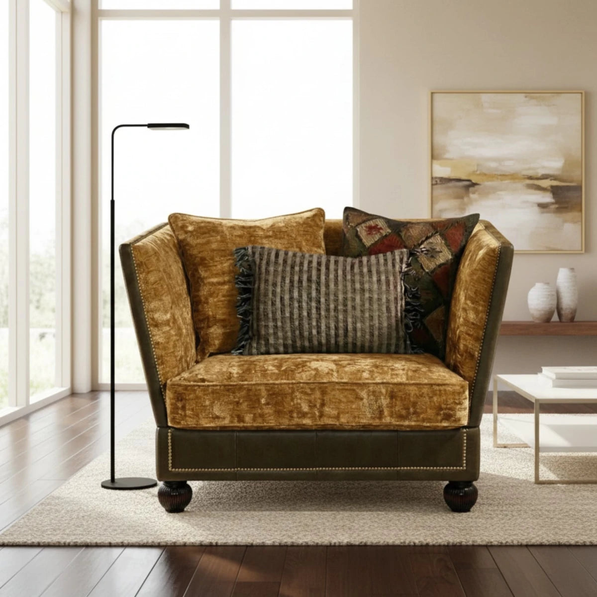 Knole style chair with dropped arms and plush seating comfort.