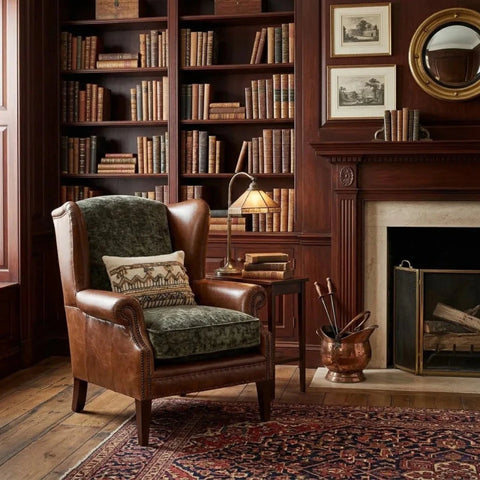 Stylish wingback armchair for refined living spaces.