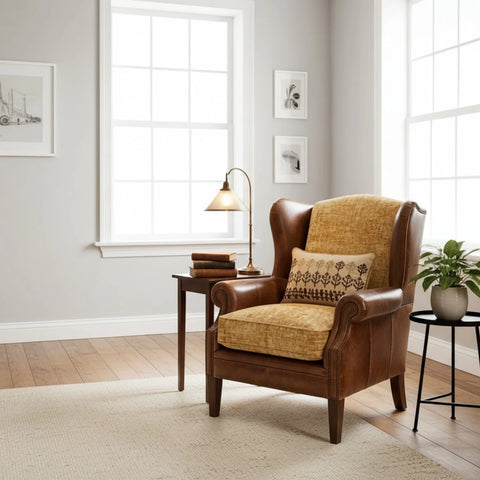 Stylish wingback armchair for refined living spaces.