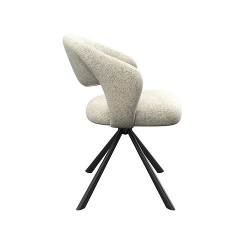 Modern chair with a textured backrest and black metal legs.
Tevere Champagne Fabric Swivel Dining Chairs. Available in Set of 4, 6 or 8