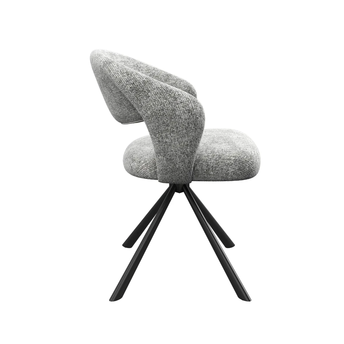 Modern chair with grey upholstered seat and backrest on black metal legs. Available in Grey or Champagne Fabric.