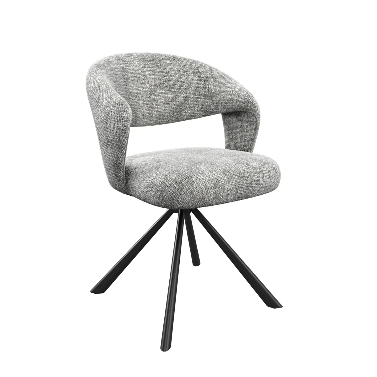 Grey upholstered chair with black metal legs. Tevere Grey Fabric Swivel Dining Chairs – Set of 4,6 or 8.
