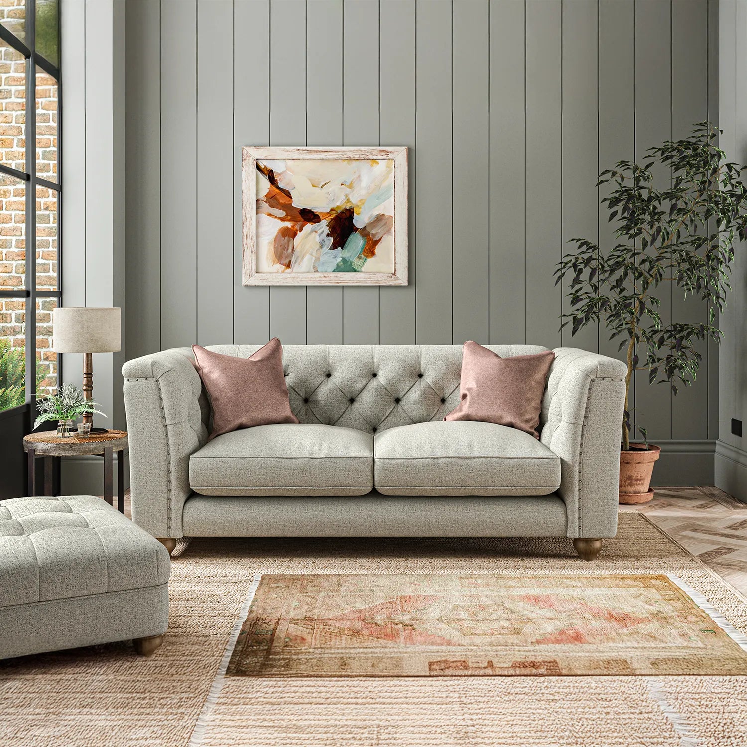 Wood Bros Thetford Chesterfield Sofa - Herringbone Fabric. Choose from Large, Medium or Snuggler Chair. Available in a variety of fabrics - Lifestyle Image 