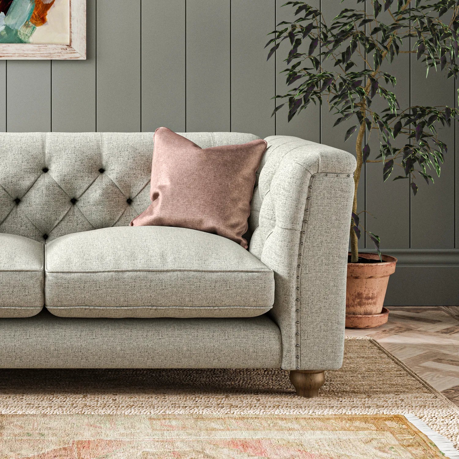 Wood Bros Thetford Chesterfield Sofa - Herringbone Fabric. Choose from Large, Medium or Snuggler Chair. Available in a variety of fabrics - Close Up of Arm Design 