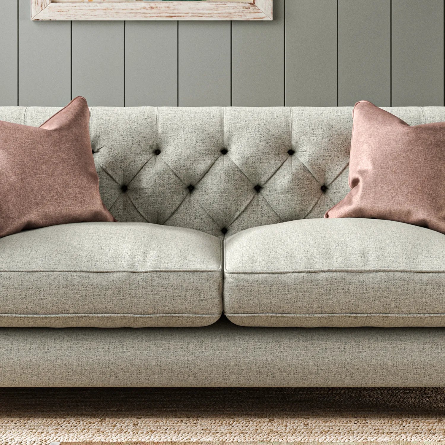 Wood Bros Thetford Chesterfield Sofa - Herringbone Fabric. Choose from Large, Medium or Snuggler Chair. Available in a variety of fabrics - Close Up of Button Back
