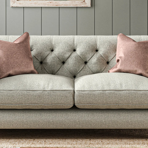 Wood Bros Thetford Chesterfield Sofa - Herringbone Fabric. Choose from Large, Medium or Snuggler Chair. Available in a variety of fabrics - Close Up of Button Back