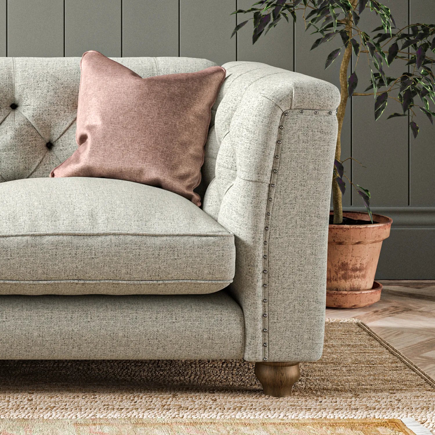 Wood Bros Thetford Chesterfield Sofa - Herringbone Fabric. Choose from Large, Medium or Snuggler Chair. Available in a variety of fabrics - Close Up of Wooden Foot 