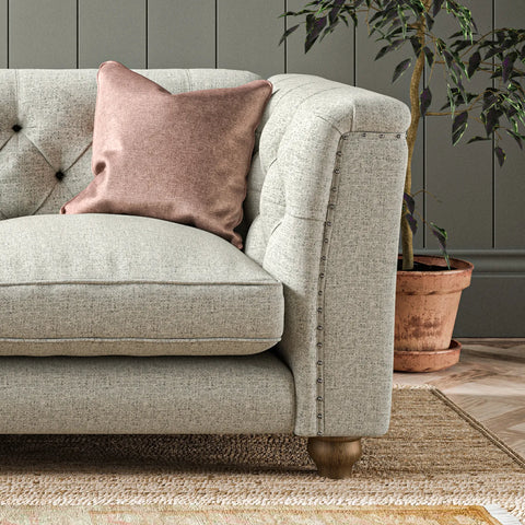 Wood Bros Thetford Chesterfield Sofa - Herringbone Fabric. Choose from Large, Medium or Snuggler Chair. Available in a variety of fabrics - Close Up of Wooden Foot 