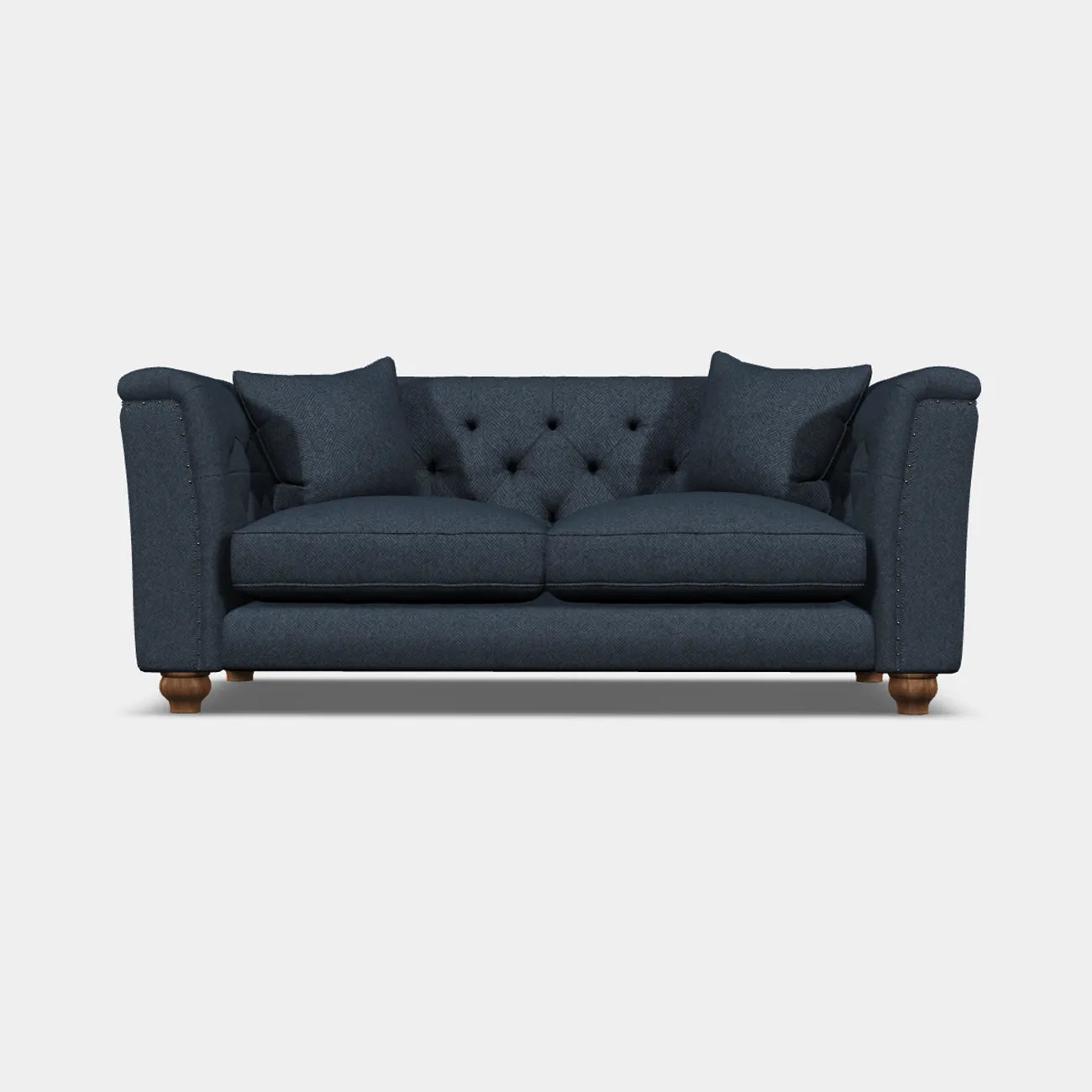 Wood Bros Thetford Chesterfield Sofa - Herringbone Fabric. Choose from Large, Medium or Snuggler Chair. Available in a variety of fabrics - Sofa in Herringbone Indigo