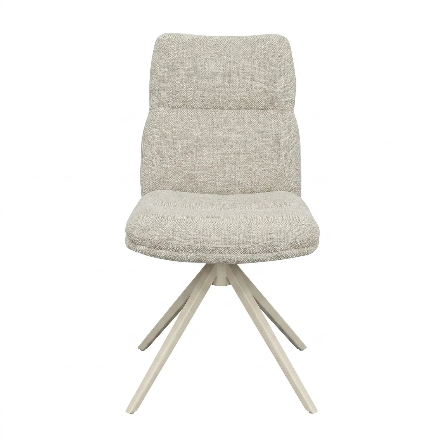 A modern upholstered swivel dining chair with a textured light beige fabric seat and backrest, supported by a light wood four-leg base, shown against a plain white background.