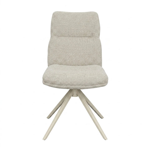 A modern upholstered swivel dining chair with a textured light beige fabric seat and backrest, supported by a light wood four-leg base, shown against a plain white background.
