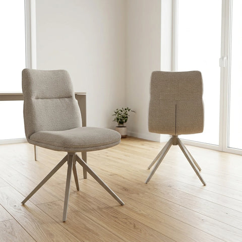 Shop Tino oatmeal chenille swivel dining chairs. Available in sets of 4, 6 or 8 with cream metal spider bases and comfortable padded seats.