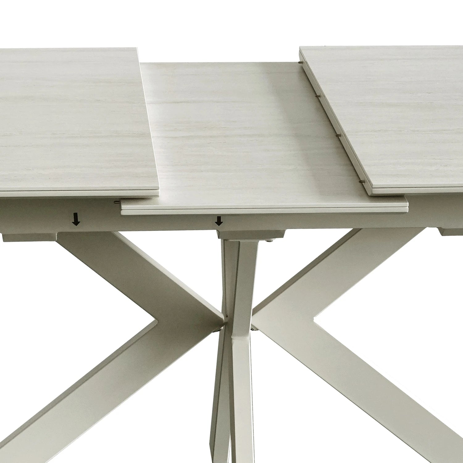 Table Top Close up of Tino Travertine ceramic extending dining table with cream spider metal base