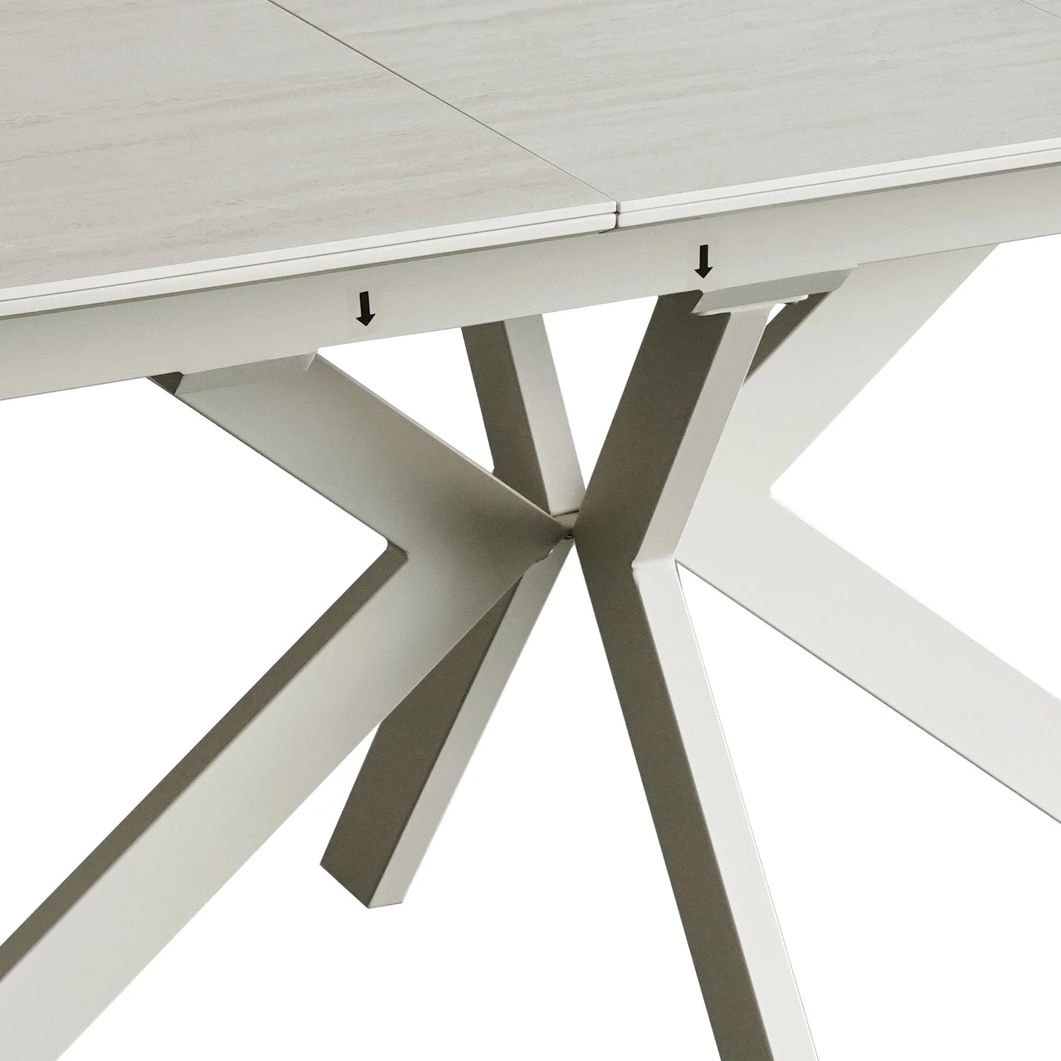 Close up of leg base of Tino Travertine ceramic extending dining table with cream spider metal base