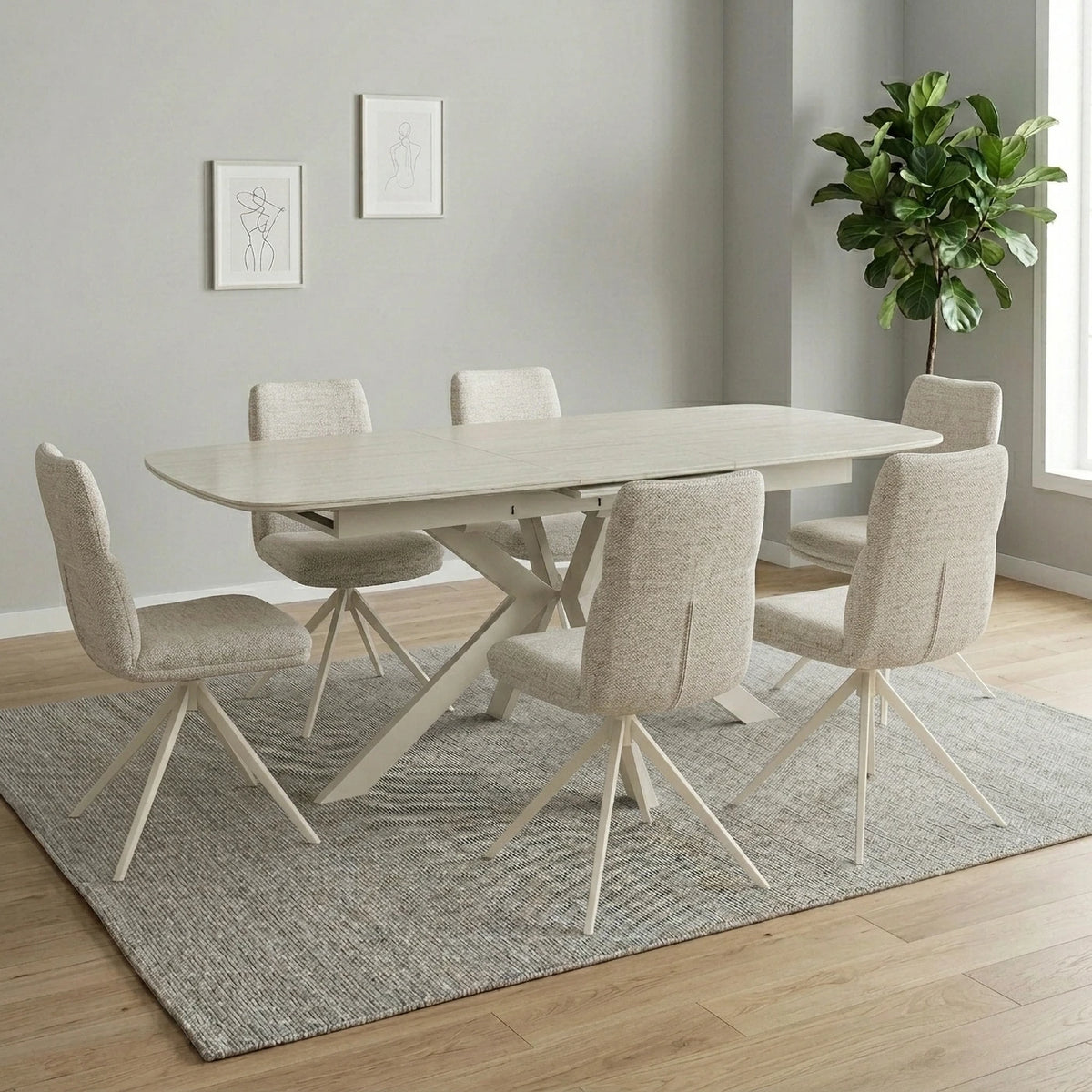 A modern dining set featuring a light wood rectangular table with a central pedestal base and six upholstered dining chairs with light wood legs, arranged on a textured gray rug in a bright room.