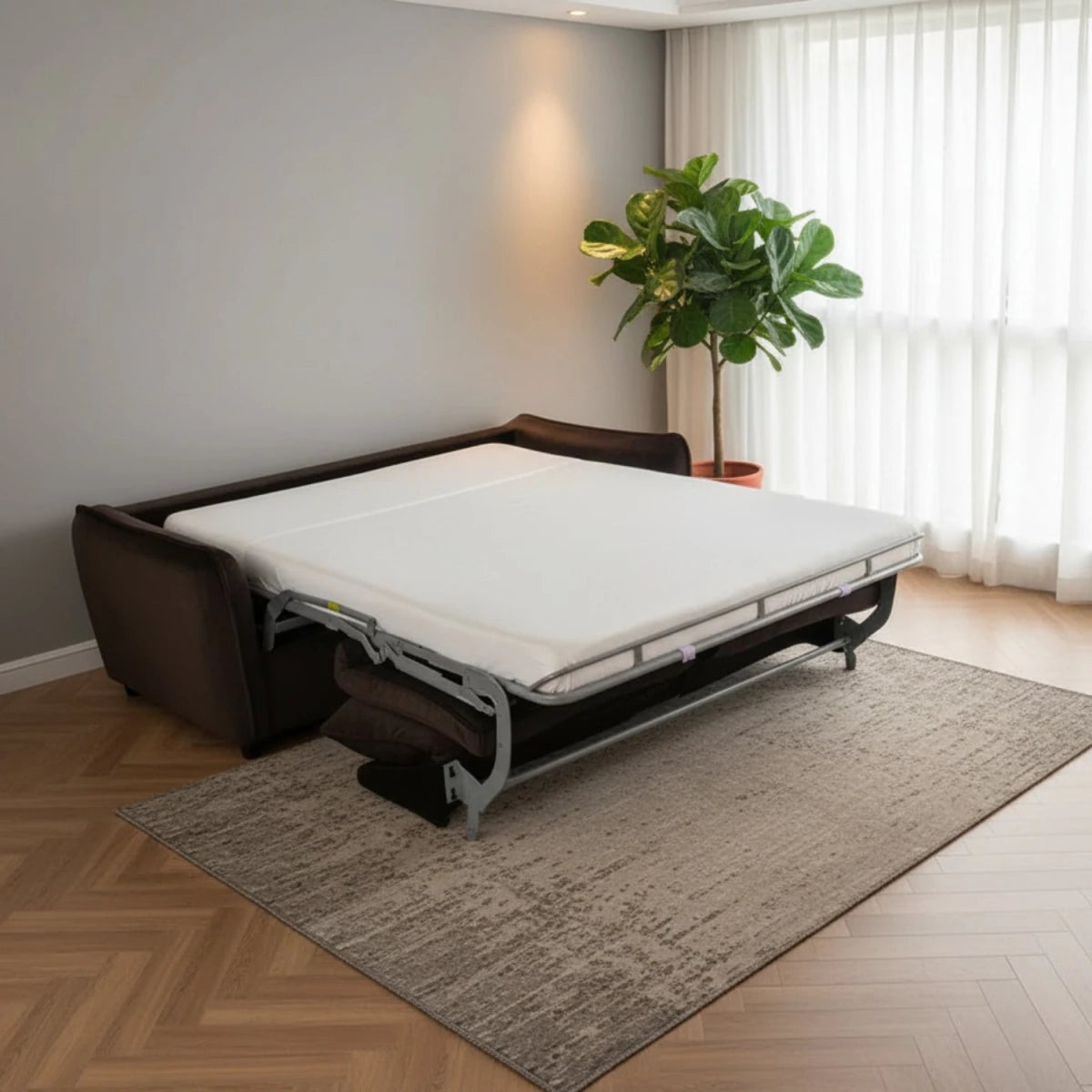 Titan chocolate brown fabric 2 seater sofa bed with an easy fold-out double bed mechanism, super-soft cushioning and contemporary styling.