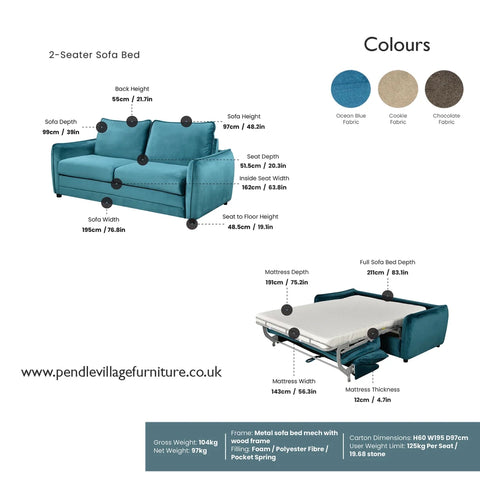 Titan Ocean Blue fabric 2 seater sofa bed with an easy fold-out double bed mechanism, deep cushioning and contemporary styling. Details