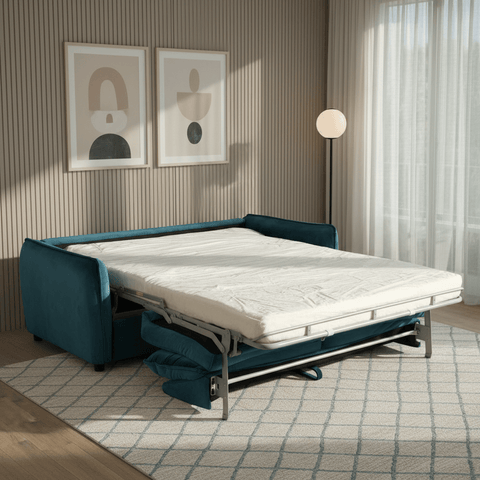 Titan Ocean Blue fabric 2 seater sofa bed with an easy fold-out double bed mechanism, deep cushioning and contemporary styling.