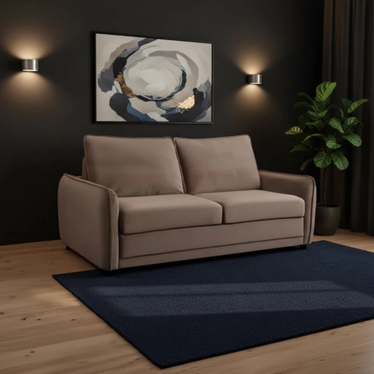 Beige sofa in a living room with a rug and bookshelf.
