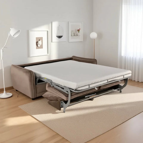 Titan mink fabric 2 seater sofa bed with an easy fold-out double bed mechanism, super-soft cushioning and contemporary styling.