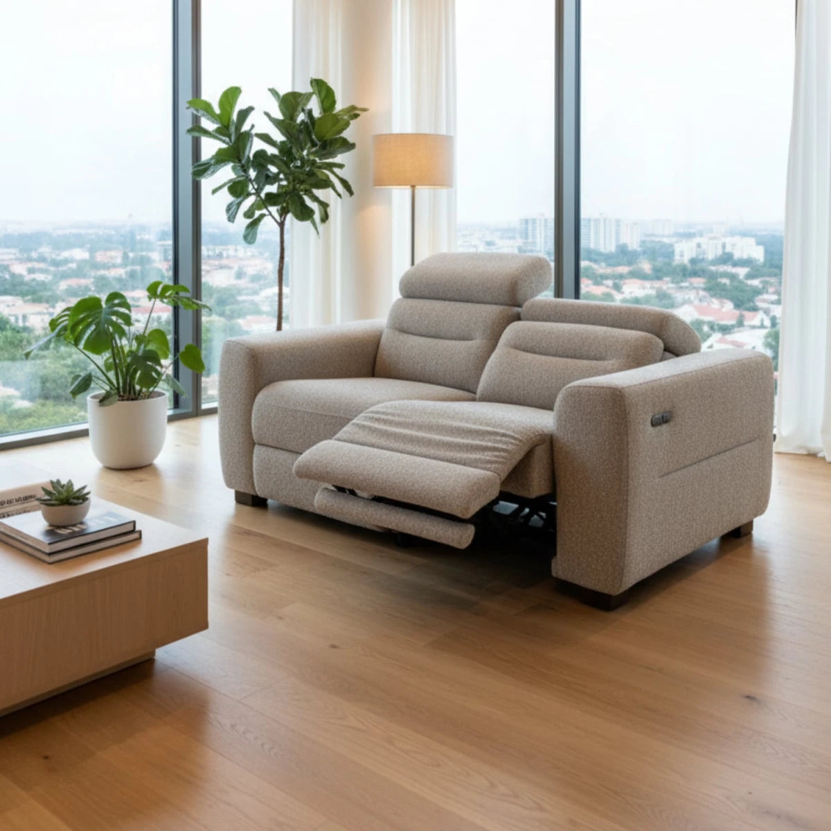Elegant 2 seater recliner sofa for compact living rooms.