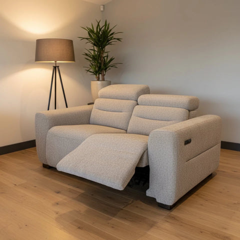 Tokira Elite beige electric recliner 2 seater sofa with modern design.