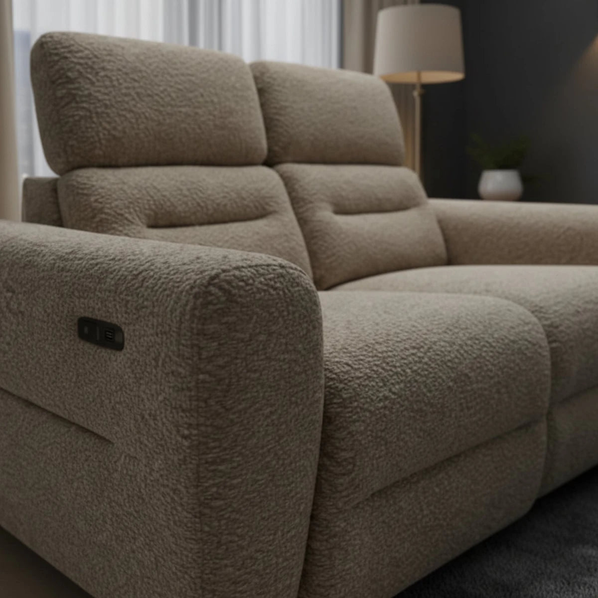 Beige fabric recliner sofa with elegant modern styling.