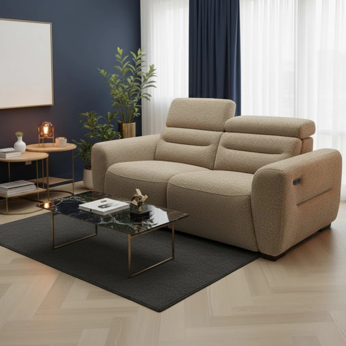 Adjustable headrest sofa for enhanced neck and head support.