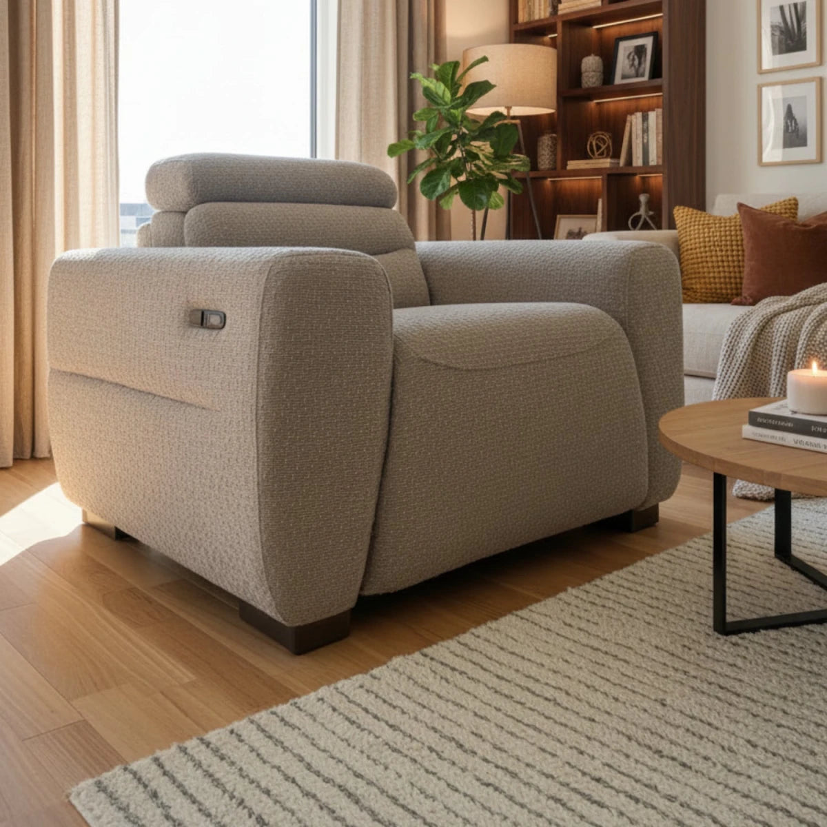 Compact luxury recliner chair for contemporary living spaces.